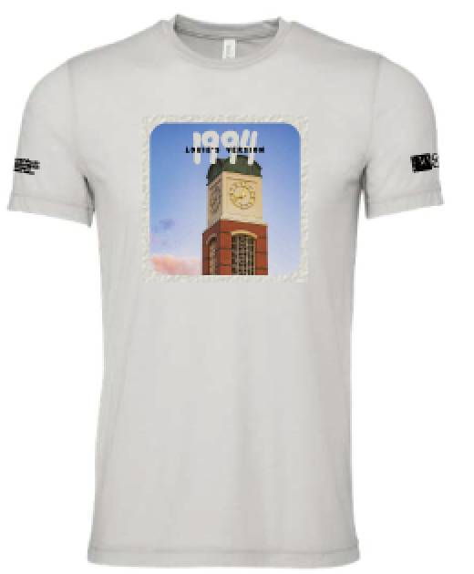 shirt with Taylor Swift-inspired album cover image on the front featuring the Cook Carillon Clock Tower and says 1994 Louie's Version